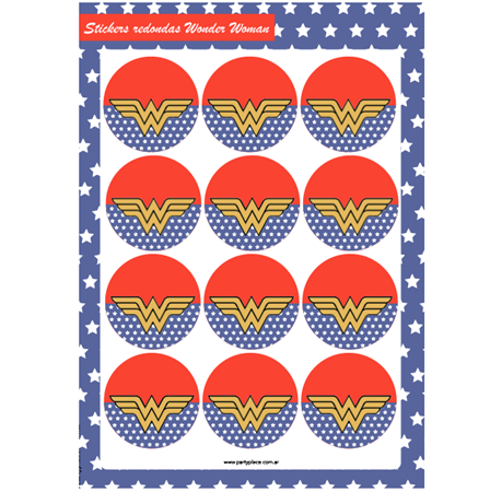 Stickers plancha Mujer maravilla redondas 12s 1u